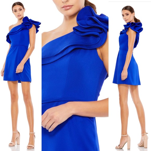 Mac Duggal One Shoulder Ruffle Mini Dress 55286 Royal Blue Size 8 New